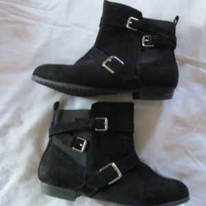 SO  Black suede booties   7 M  - strap trim  with silver buckles  & zipper